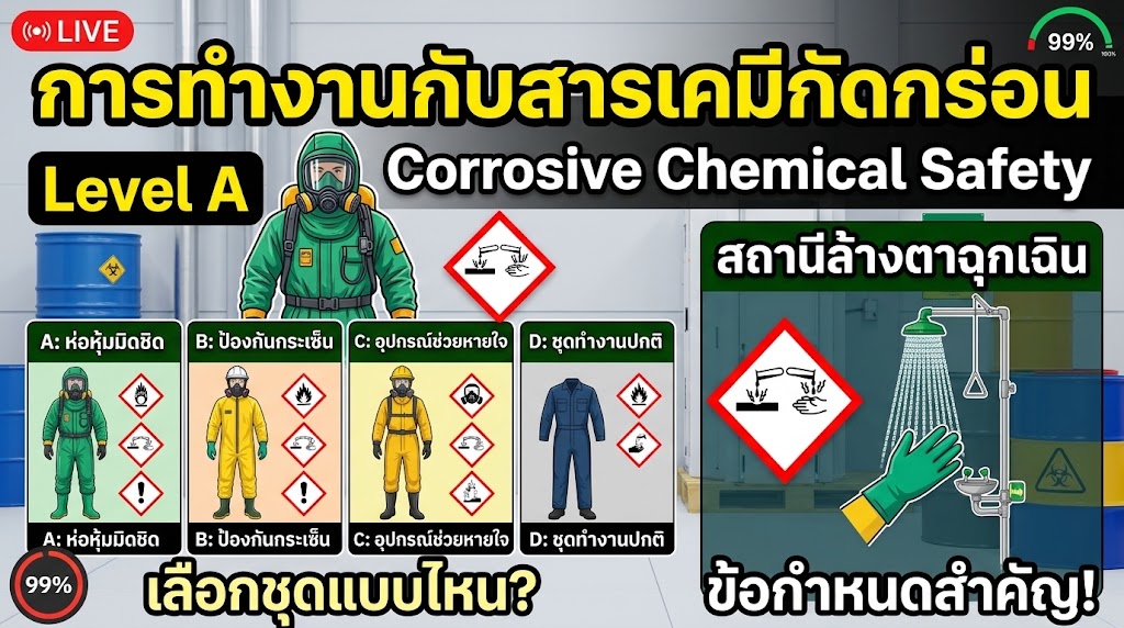การทำงานกับสารเคมีกัดกร่อน (Corrosive Chemical Safety): การเลือกชุดป้องกัน Level A-D และสถานีล้างตาฉุกเฉิน