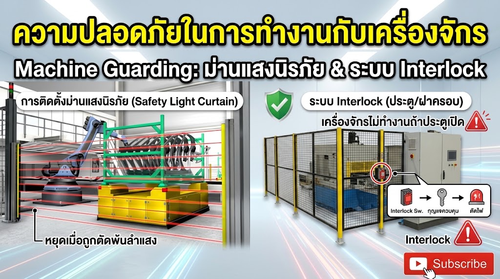 ความปลอดภัยในการทำงานกับเครื่องจักร (Machine Guarding): การติดตั้งม่านแสงนิรภัย (Safety Light Curtain) และระบบ Interlock