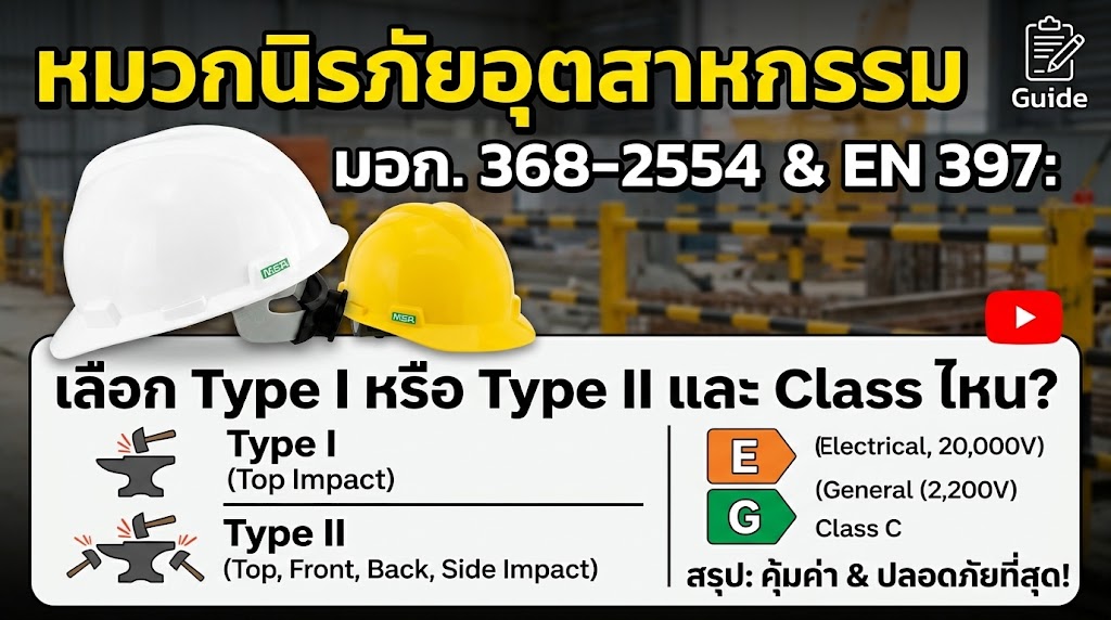 หมวกนิรภัยอุตสาหกรรม มอก. 368-2554 & EN 397: เลือก Type I หรือ Type II และ Class ไหน?