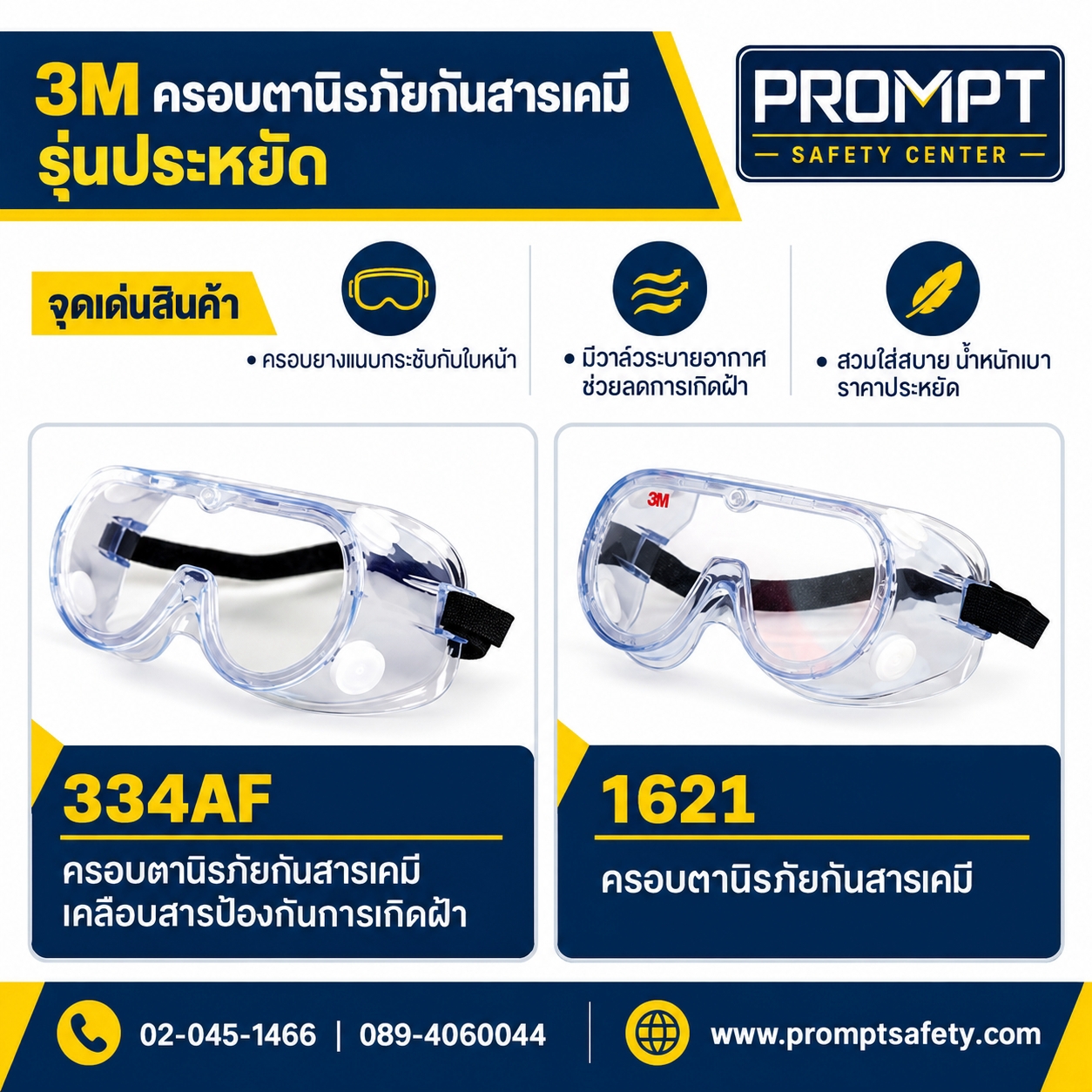 3M ครอบตานิรภัยกันสารเคมี รุ่นประหยัด (334AF & 1621)