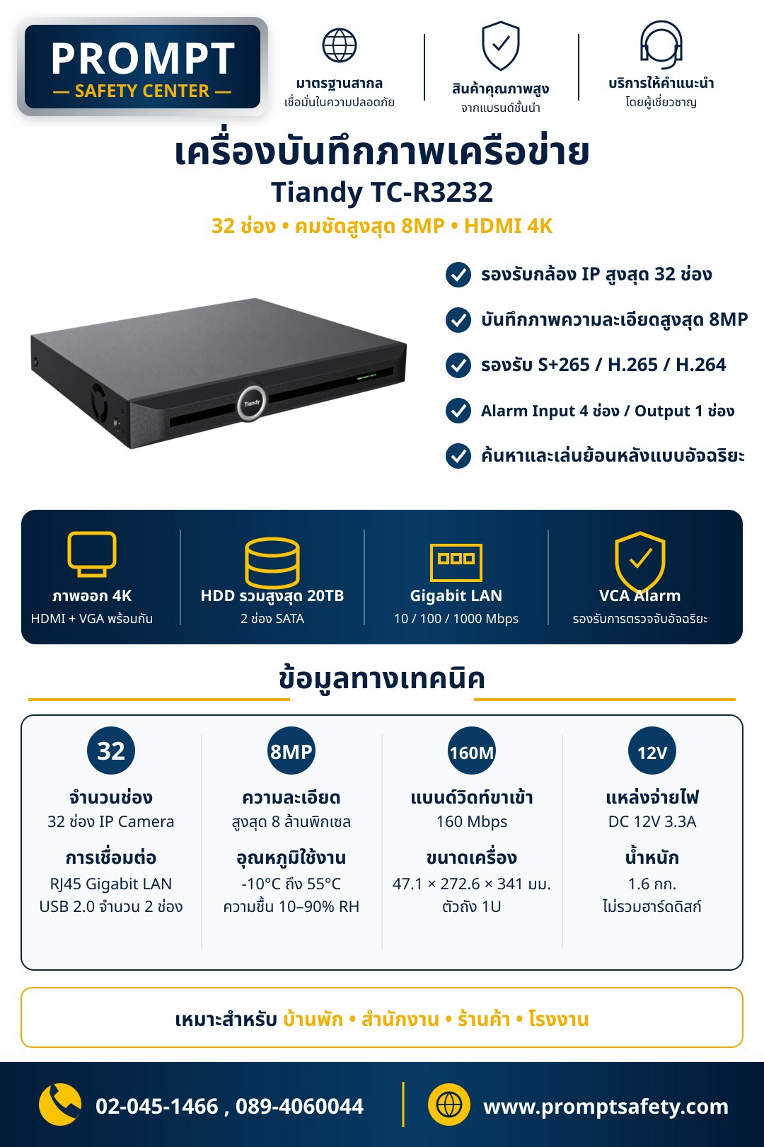 เครื่องบันทึกภาพเครือข่าย Tiandy TC-R3232 (32 ช่อง • คมชัดสูงสุด 8MP • HDMI 4K)
