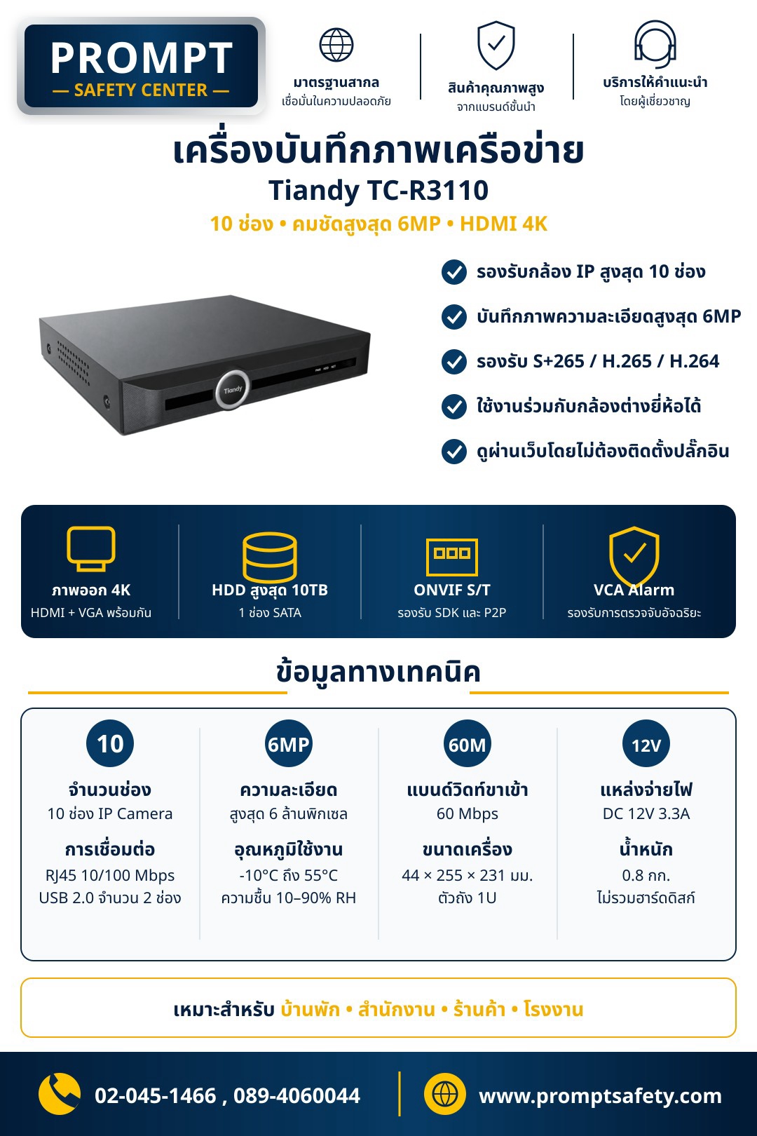 เครื่องบันทึกภาพเครือข่าย Tiandy TC-R3110 (10 ช่อง • คมชัดสูงสุด 6MP • HDMI 4K)