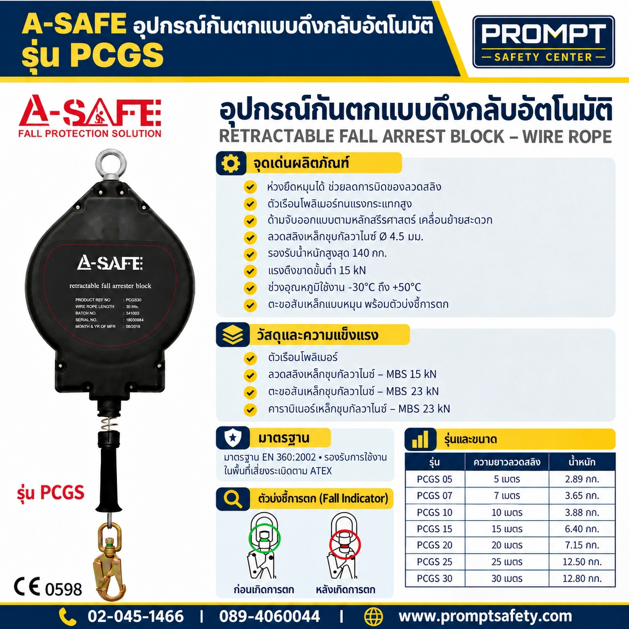 A-SAFE® PCGS รอกกันตกแบบดึงกลับอัตโนมัติ Retractable Fall Arrest Block (5 - 30 เมตร)